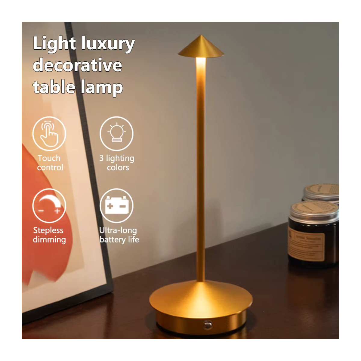 ATcomm Wiederaufladbare LED-Tischlampe aus Metall in Schwarz mit Touch-Funktion und drei Lichtfarben für minimalistische Dekoration - Bild 4