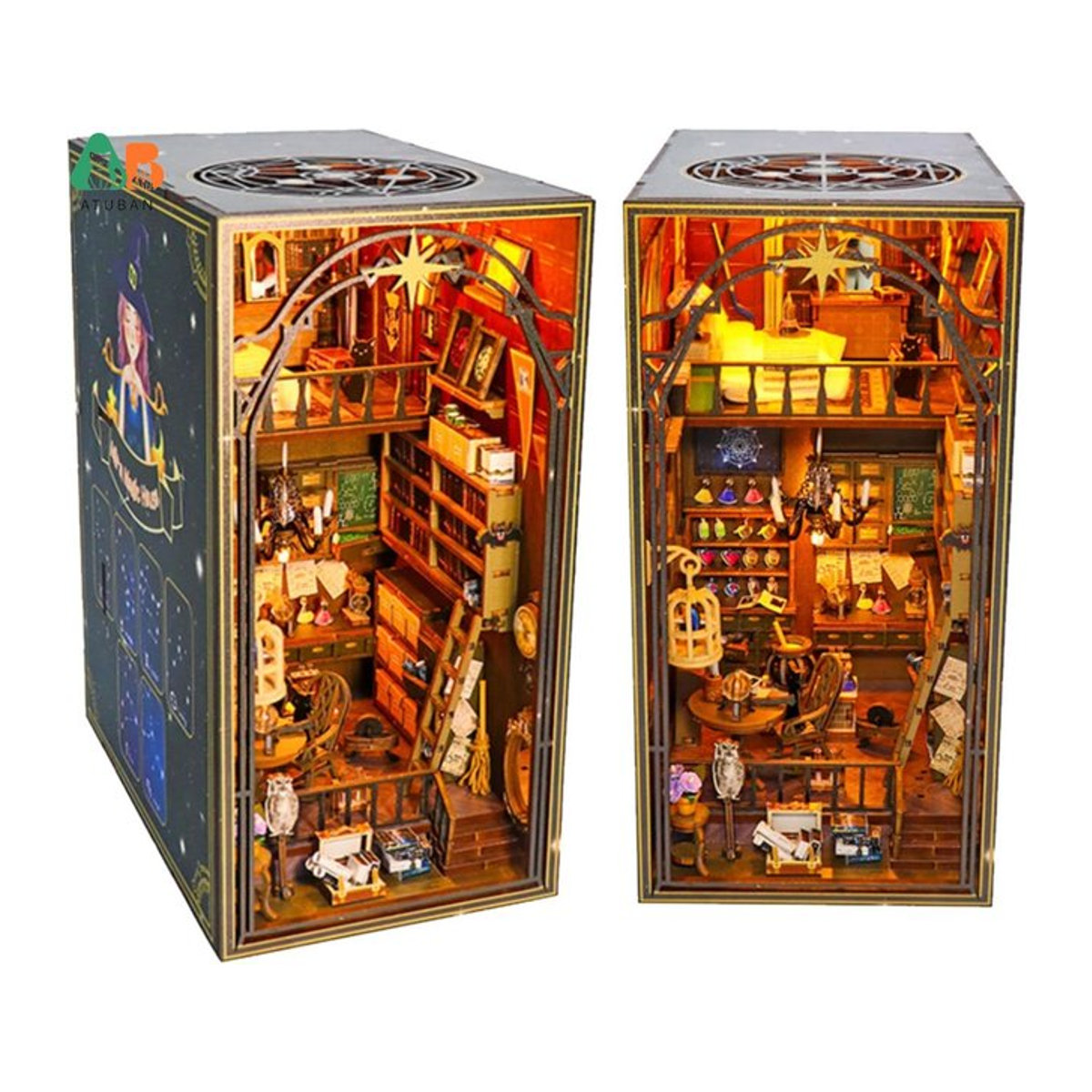 ATUBAN DIY Buch Nook Kit Bibliothek Bücherregal Einsatz aus Holz mit Licht in Blau und Mehrfarbig - Bild 1