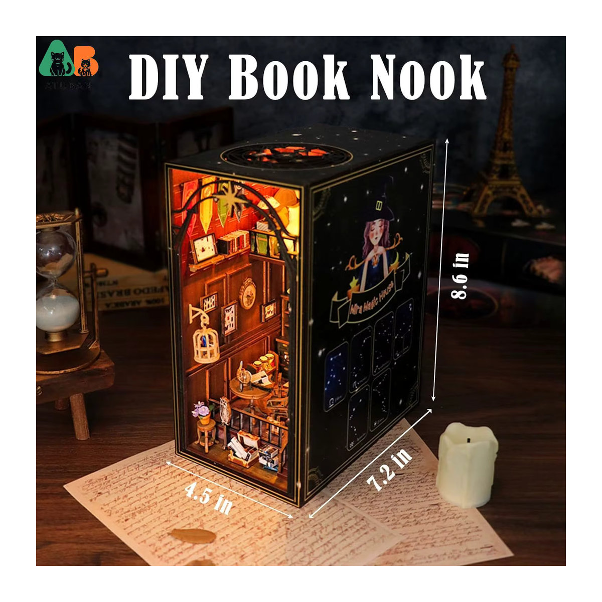 ATUBAN DIY Buch Nook Kit Bibliothek Bücherregal Einsatz aus Holz mit Licht in Blau und Mehrfarbig - Bild 2