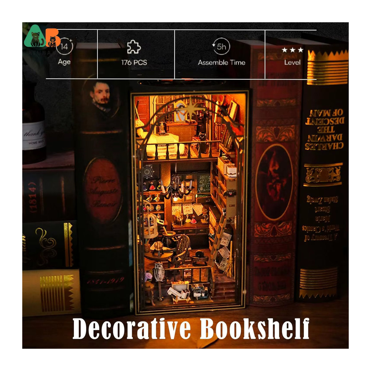 ATUBAN DIY Buch Nook Kit Bibliothek Bücherregal Einsatz aus Holz mit Licht in Blau und Mehrfarbig - Bild 3
