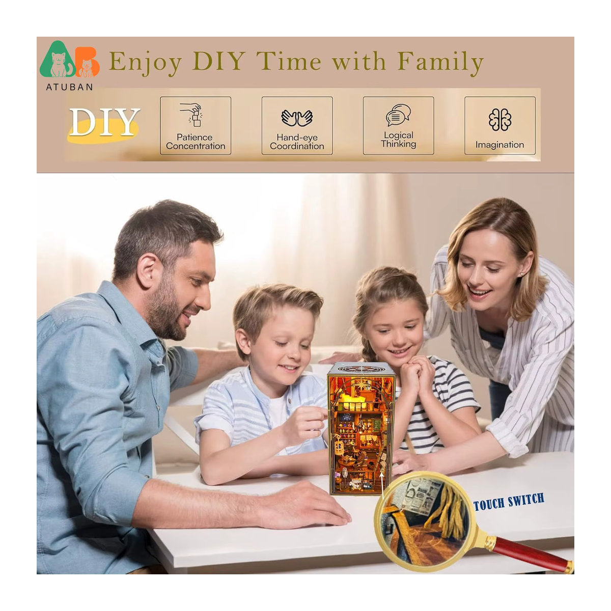 ATUBAN DIY Buch Nook Kit Bibliothek Bücherregal Einsatz aus Holz mit Licht in Blau und Mehrfarbig - Bild 6