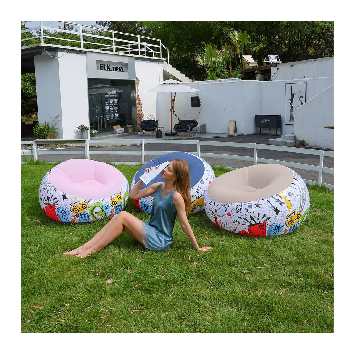 Aufblasbarer Sitzsack Slouchy-Sofa von AZULBLANCO in Rosa aus PVC für Camping und Wohnzimmer - Bild 2