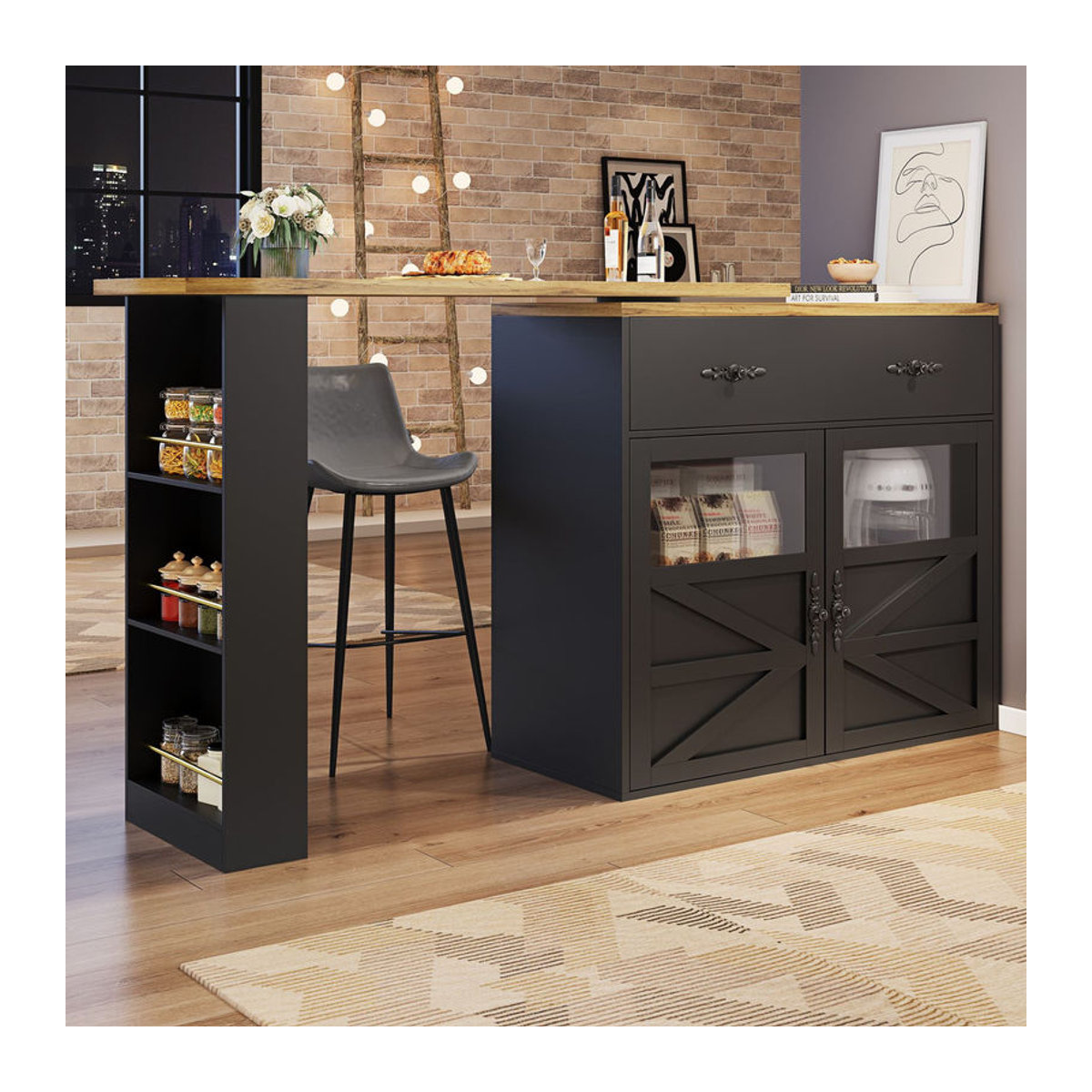 Ausziehbarer Bartisch mit Stauraum und 360 Grad Drehfunktion in Schwarz/Weiß, B/T/H: 138-204 x 39 x 104 cm - Bild 2