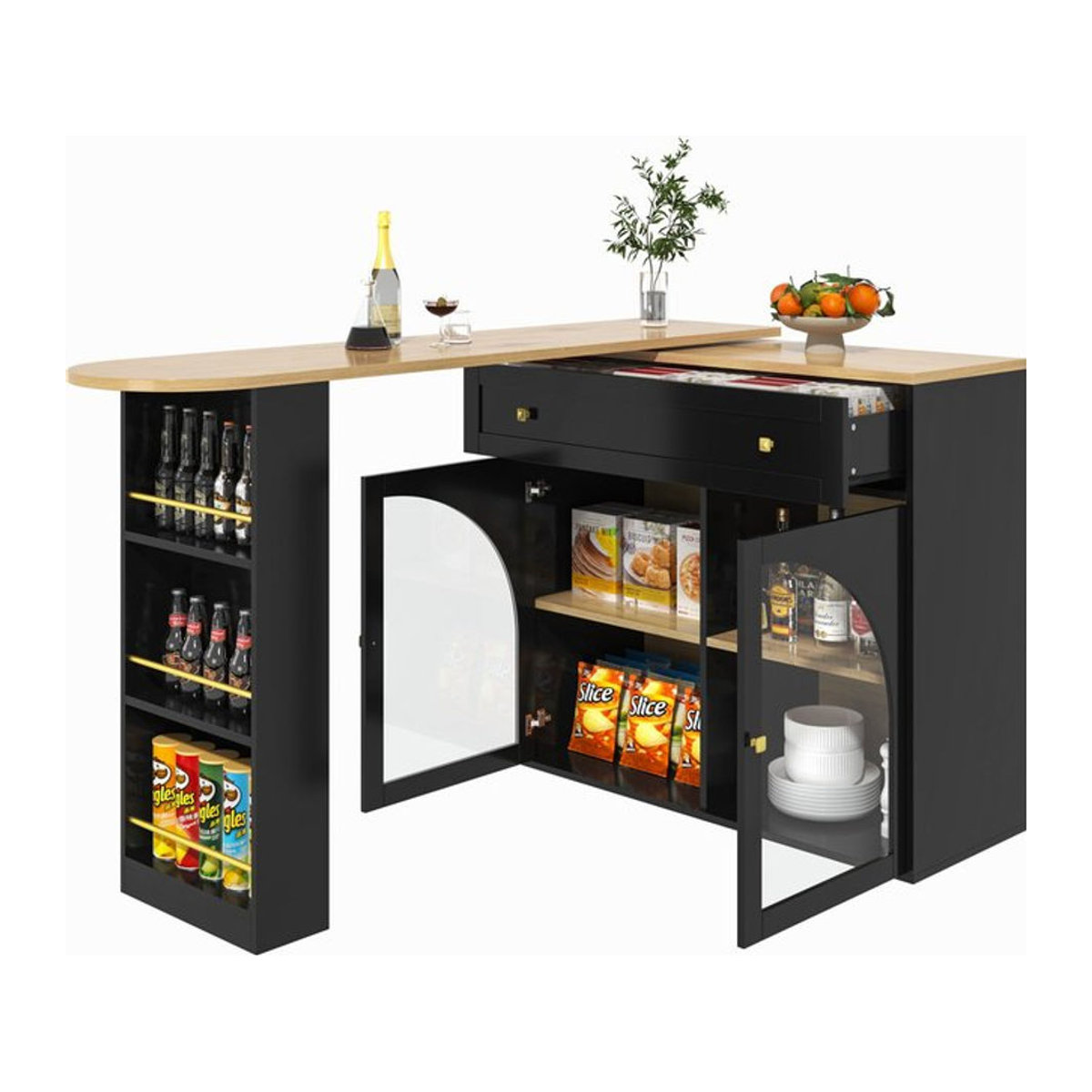 Ausziehbarer Bartisch mit Stauraum und Sicherheitsglas-Türen in Schwarz, Modernes Essbar mit dreistufigem Seitenregal, B: 138-204 cm, T: 39 cm, H: 104 cm - Bild 1