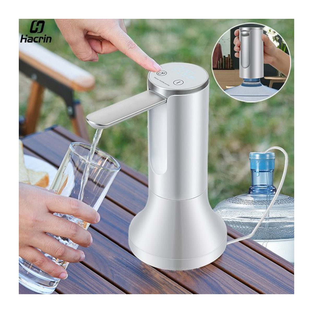 Automatische elektrische Wasserflaschenpumpe von raugee, faltbare Desktop-Wasserspenderpumpe für 19 Liter, wiederaufladbar, Weiß/Silber - Bild 1