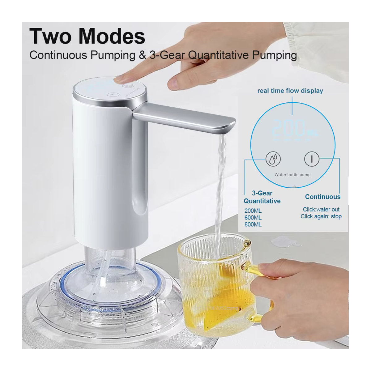 Automatische elektrische Wasserflaschenpumpe von raugee, faltbare Desktop-Wasserspenderpumpe für 19 Liter, wiederaufladbar, Weiß/Silber - Bild 2