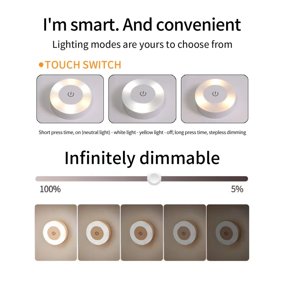 AVACOM Drahtlose LED Wandleuchte mit Touch-Schalter, wiederaufladbares dimmbares Nachtlicht in 3 Farben für Schlafzimmer und Schrank - Bild 2