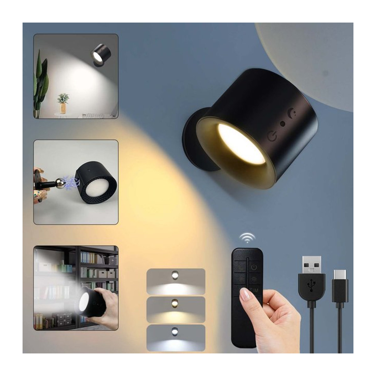 AVACOM LED Doppel Kopf Wandlampe mit Touch Control und Fernbedienung, 360 Grad drehbar, USB aufladbar, 3 Farben, Schwarz, minimalistisches Design - Bild 1