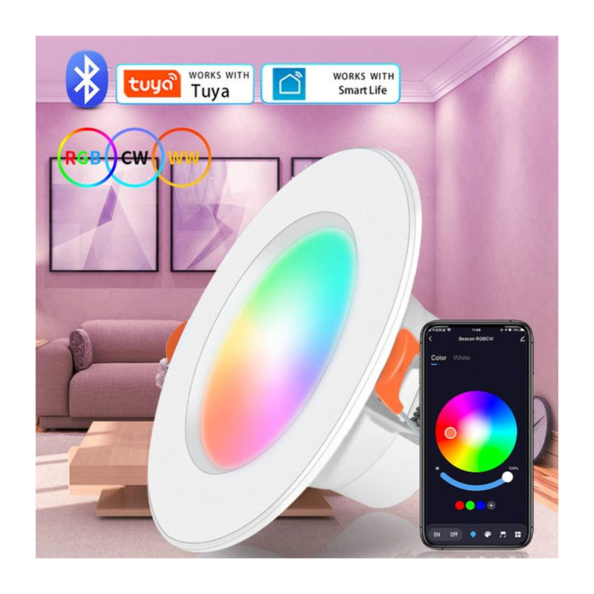 AVACOM Smart LED Downlight Einbaustrahler mit Bluetooth und RGB Farbwechsel, steuerbar per App und Fernbedienung, kompatibel mit Google Alexa, 15W, Bunt - Bild 1