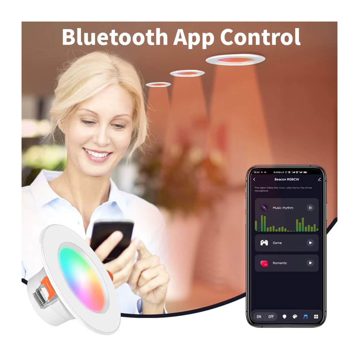 AVACOM Smart LED Downlight Einbaustrahler mit Bluetooth und RGB Farbwechsel, steuerbar per App und Fernbedienung, kompatibel mit Google Alexa, 15W, Bunt - Bild 3