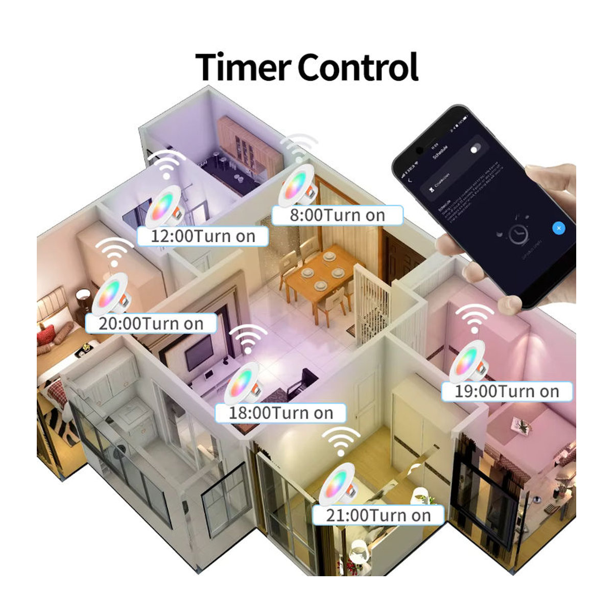 AVACOM Smart LED Downlight Einbaustrahler mit Bluetooth und RGB Farbwechsel, steuerbar per App und Fernbedienung, kompatibel mit Google Alexa, 15W, Bunt - Bild 5