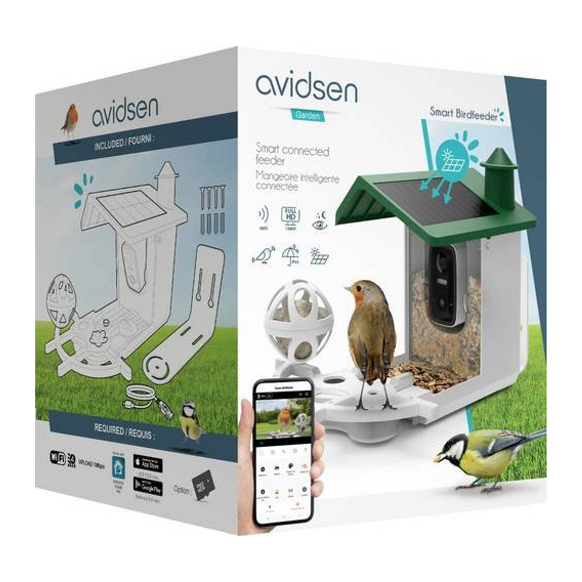 Avidsen Futterhaus für Wildvögel mit 2l Körnerbehälter und Fettkugelhalter in Grün, Grau und Weiß - Bild 1