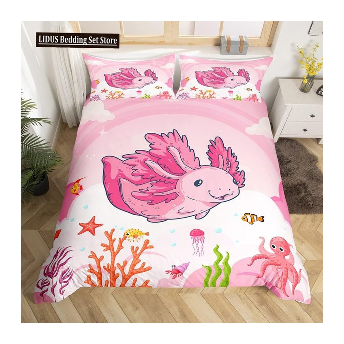Axolotl Bettwäsche für Kinder mit Meeresleben Motiv in Pink, B/H: 135 x 200 cm - Bild 1