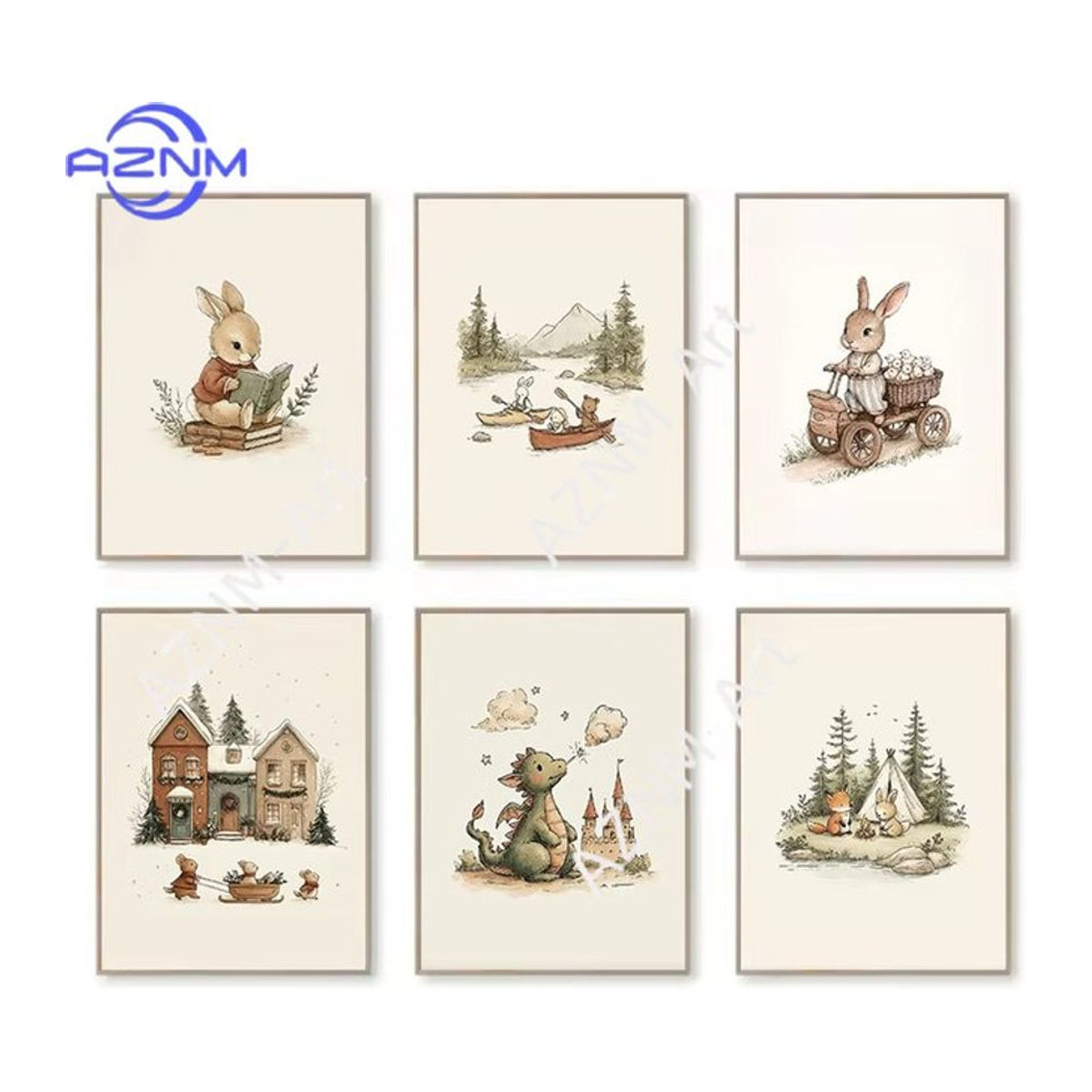 AZNM Leinwandbild für das Kinderzimmer mit Tier-Motiven wie Hase, Bär und Dinosaurier in Beige, Rechteckig, Hochformat - Bild 1