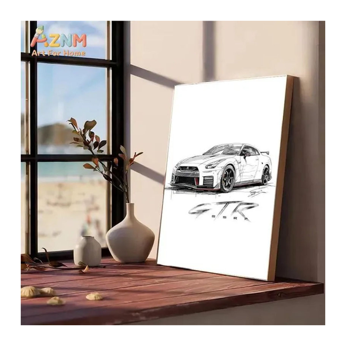 AZNM Nissan GTR Skizze Leinwand Wandkunst, minimalistisches JDM Sportwagen Poster in Weiß, ungerahmt - Bild 1
