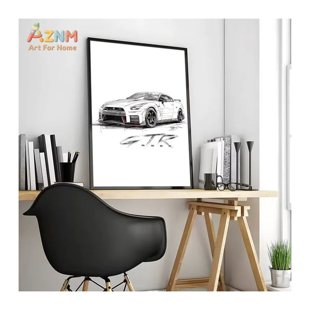 AZNM Nissan GTR Skizze Leinwand Wandkunst, minimalistisches JDM Sportwagen Poster in Weiß, ungerahmt - Bild 2