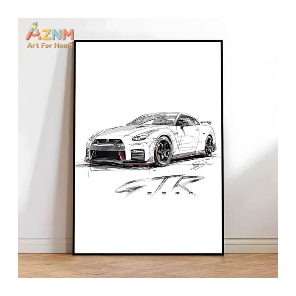 AZNM Nissan GTR Skizze Leinwand Wandkunst, minimalistisches JDM Sportwagen Poster in Weiß, ungerahmt - Bild 3