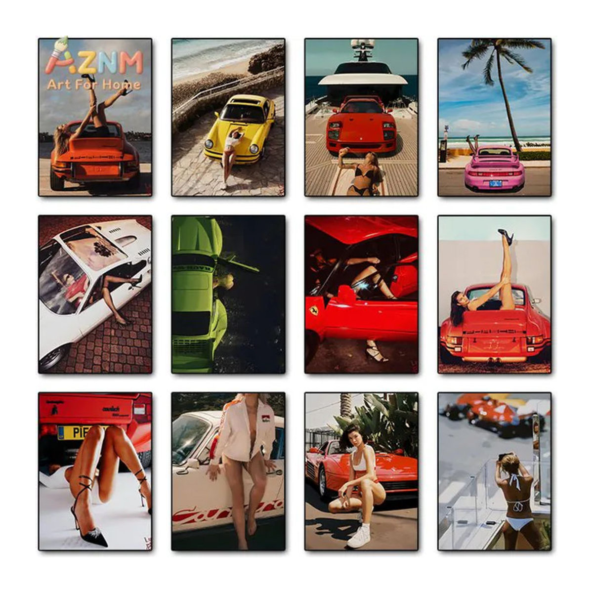 AZNM Vintage Leinwand Wandkunst mit Luxus-Sportwagen und Strandmädchen, mehrfarbig, ungerahmt, Querformat - Bild 1