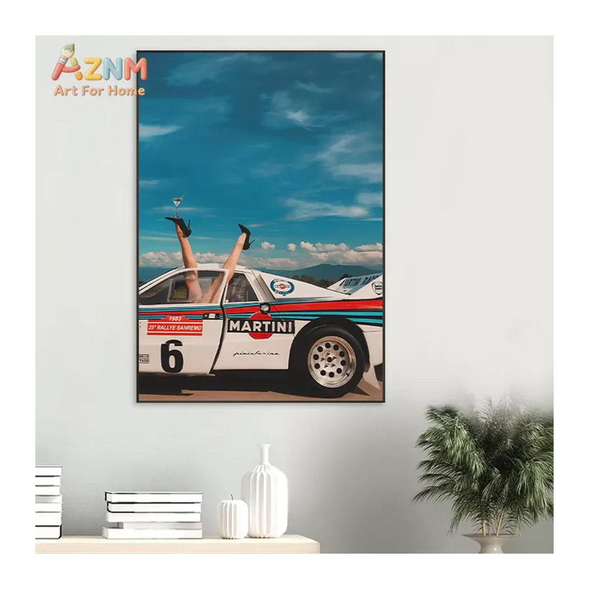 AZNM Vintage Leinwand Wandkunst mit Luxus-Sportwagen und Strandmädchen, mehrfarbig, ungerahmt, Querformat - Bild 2