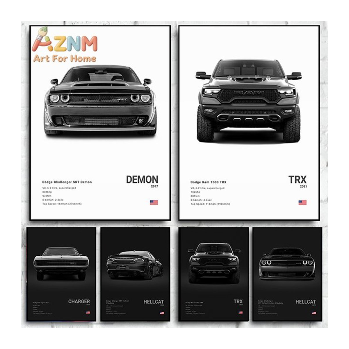 AZNM Wandkunstdruck Dodge Challenger SRT Demon & Ram 1500 TRX minimalistisches Leinwandposter in Schwarz-Weiß - Bild 1