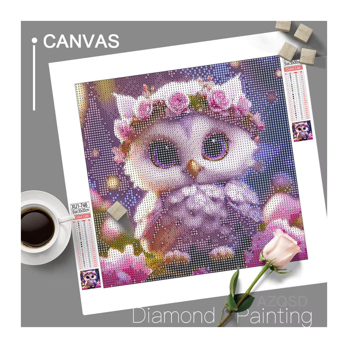 AZQSD 5D-Diamantgemälde Eule Tiermosaik als Kreuzstich-Set mit Strasssteinen, mehrfarbig, B/B/H: 30 x 30 x 30 cm - Bild 2