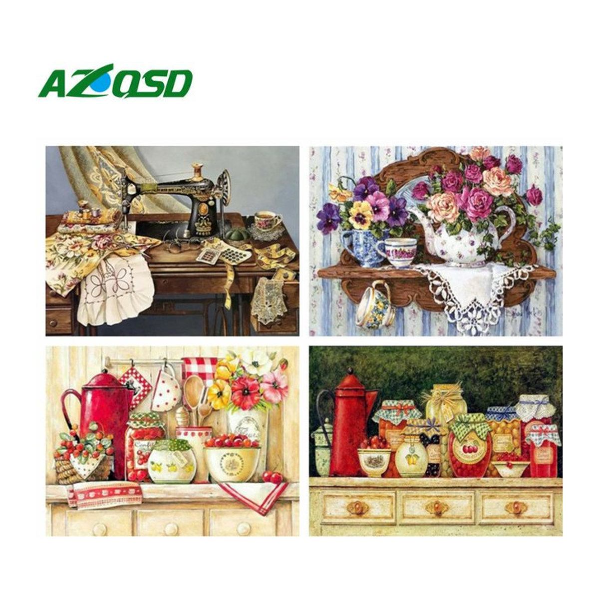 AZQSD Diamant-Stickerei 5D Küchenlandschaft im Landhausstil mit Blumen und Teekanne, mehrfarbig, B/H: 40 x 30 cm - Bild 1