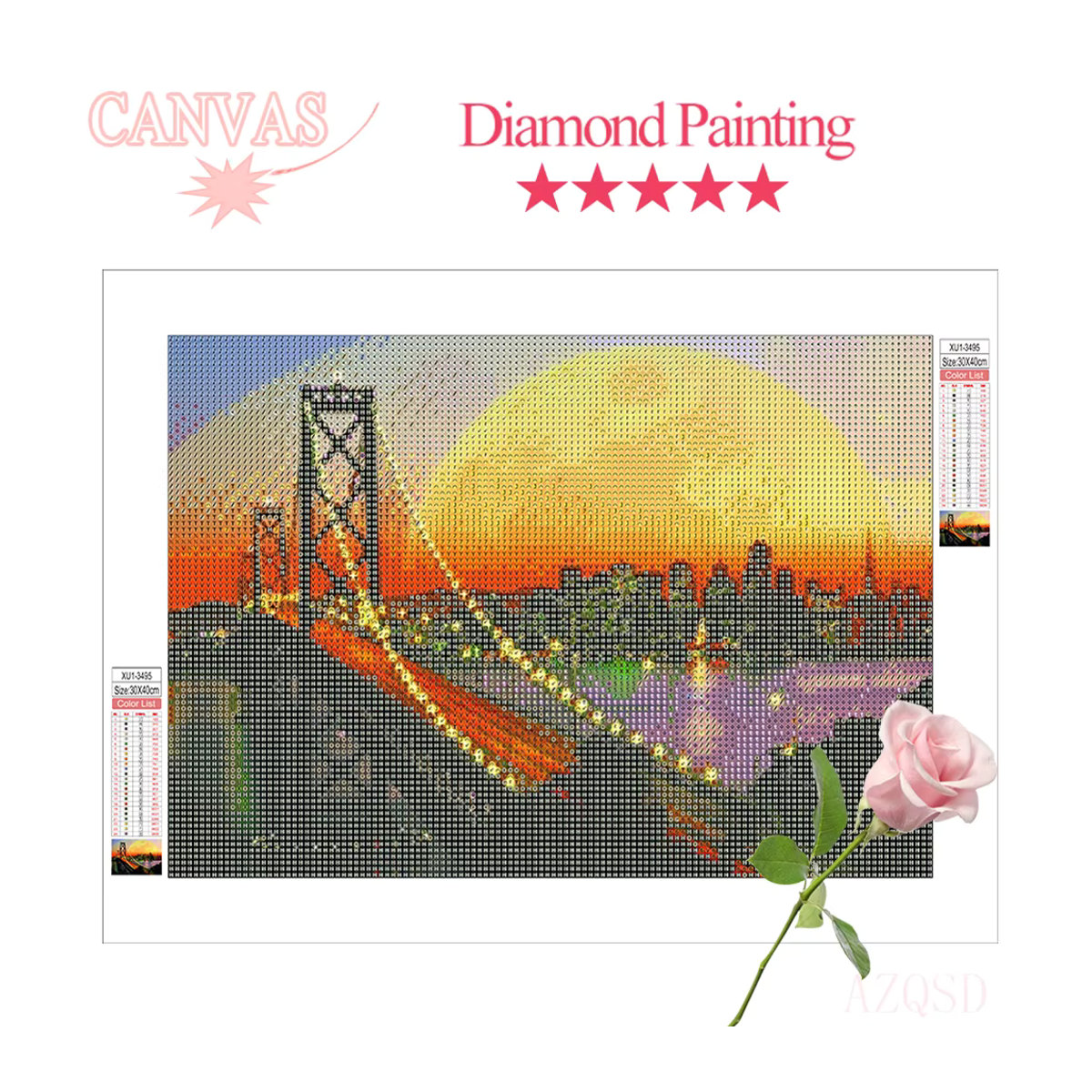 Azqsd Diamond Painting Set Stadtlandschaft Nacht mit Brücke, Mehrfarbig, B/H: 40 x 30 cm - Bild 2