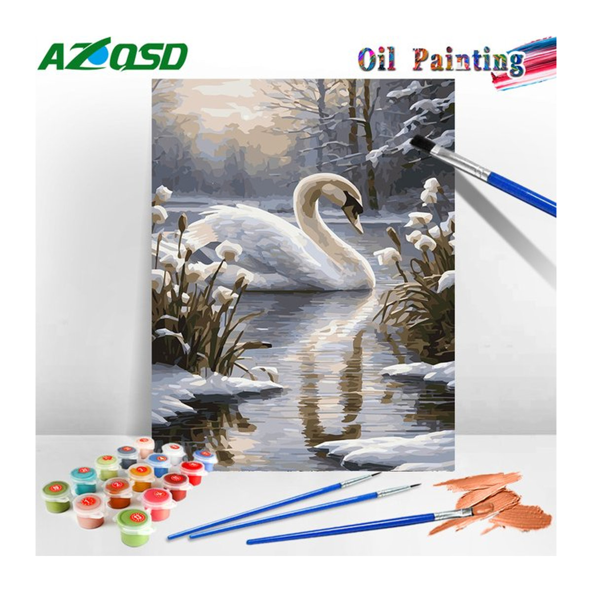 Azqsd Malen nach Zahlen Schwan Winter Motiv auf Leinwand, mehrfarbiges Tier-Bild für Kinder zur Wanddekoration - Bild 1