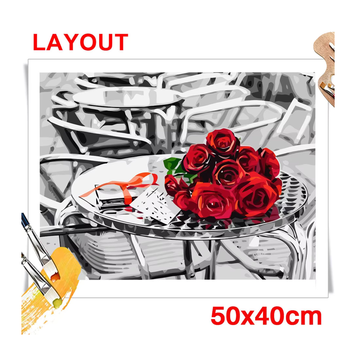 AZQSD Ungerahmtes Ölgemälde auf Leinwand in Schwarz und Rot mit floralem Rosen- und Landschaftsmotiv, B: 50 cm x H: 40 cm - Bild 2