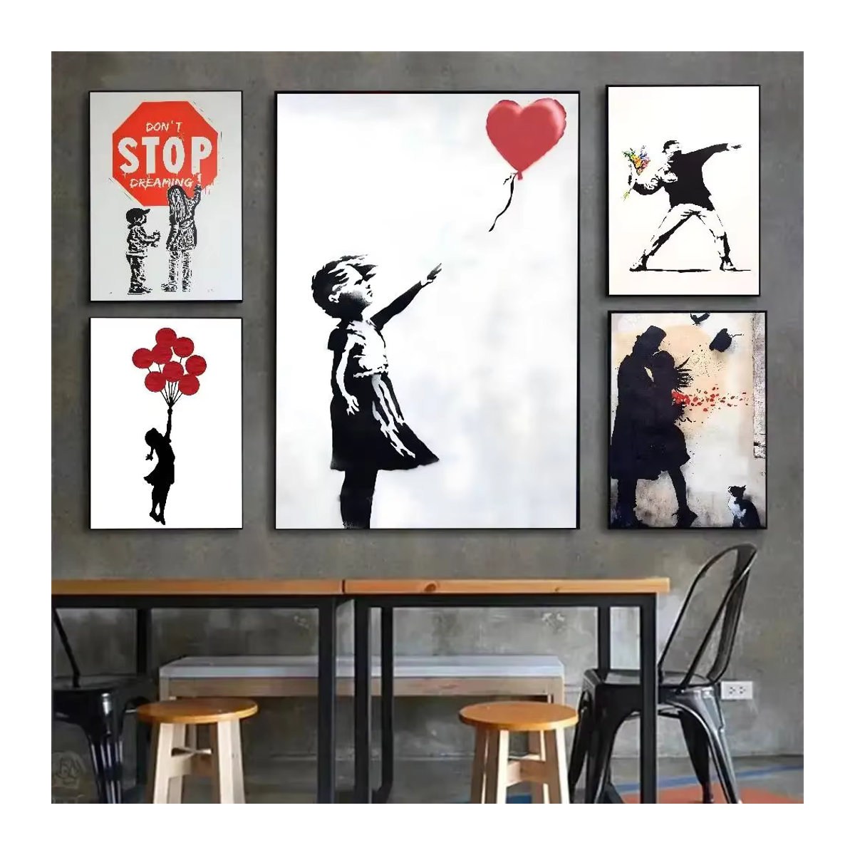 B-Banksy Graffiti-Kunstwerk Mädchen mit rotem Ballon als Leinwand-Poster in Rot - Bild 2