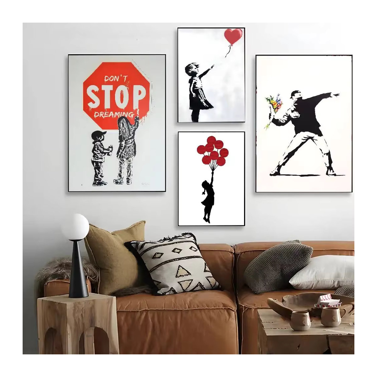 B-Banksy Graffiti-Kunstwerk Mädchen mit rotem Ballon als Leinwand-Poster in Rot - Bild 4