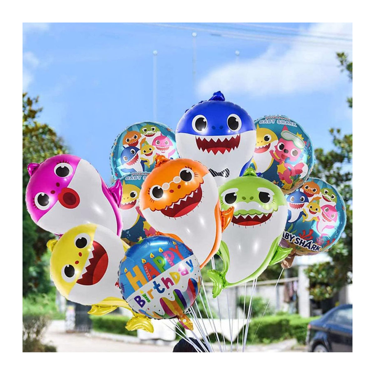 Baby Hai Partydeko Set mit Heliumballons und runden Aluminiumfolienballons in Mehrfarbig mit Tierprint und maritimem Design - Bild 2