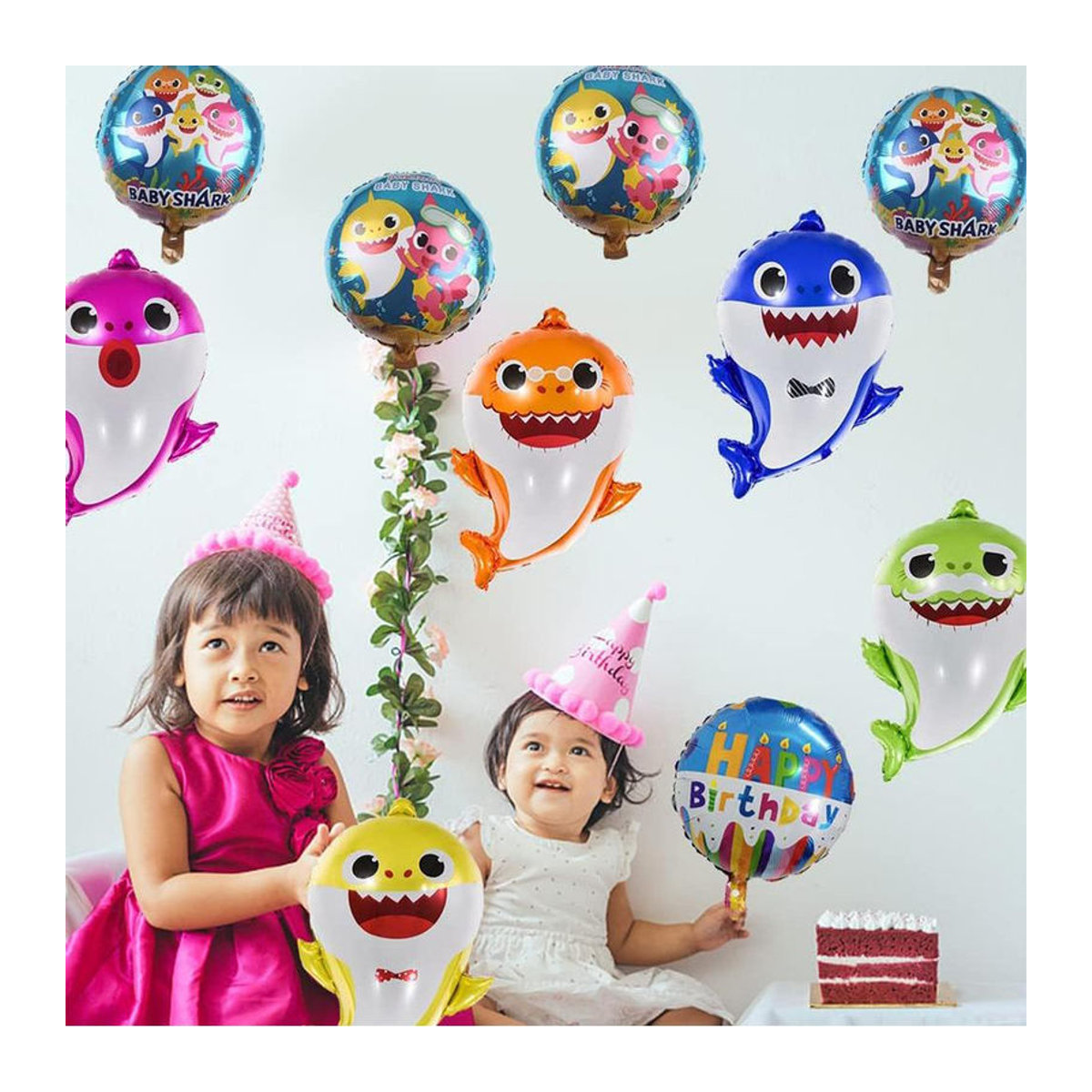 Baby Hai Partydeko Set mit Heliumballons und runden Aluminiumfolienballons in Mehrfarbig mit Tierprint und maritimem Design - Bild 6