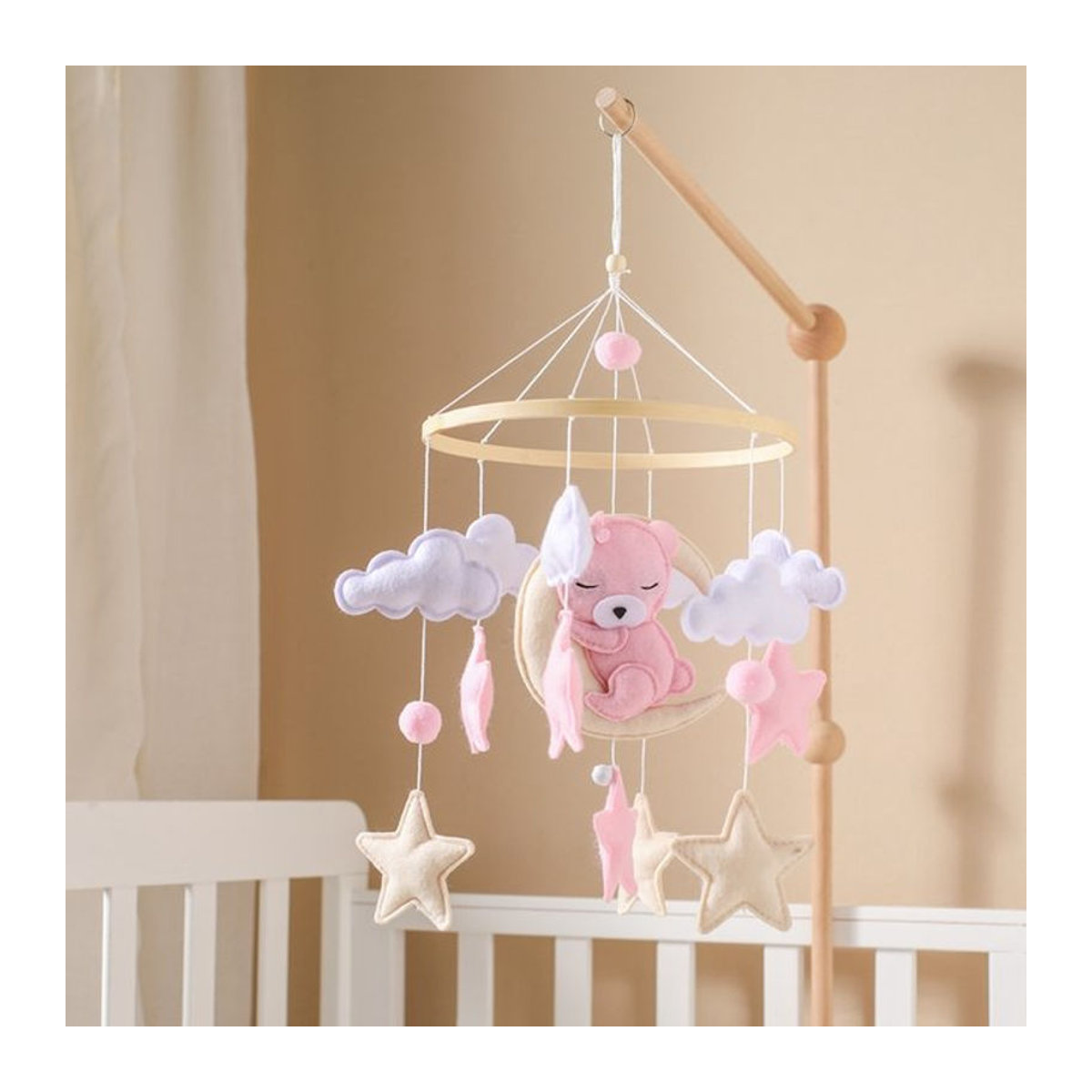 Baby Mobile mit Bären aus Filz und Holz für die Krippe, mehrfarbiges Spielzeug zum Aufhängen - Bild 1