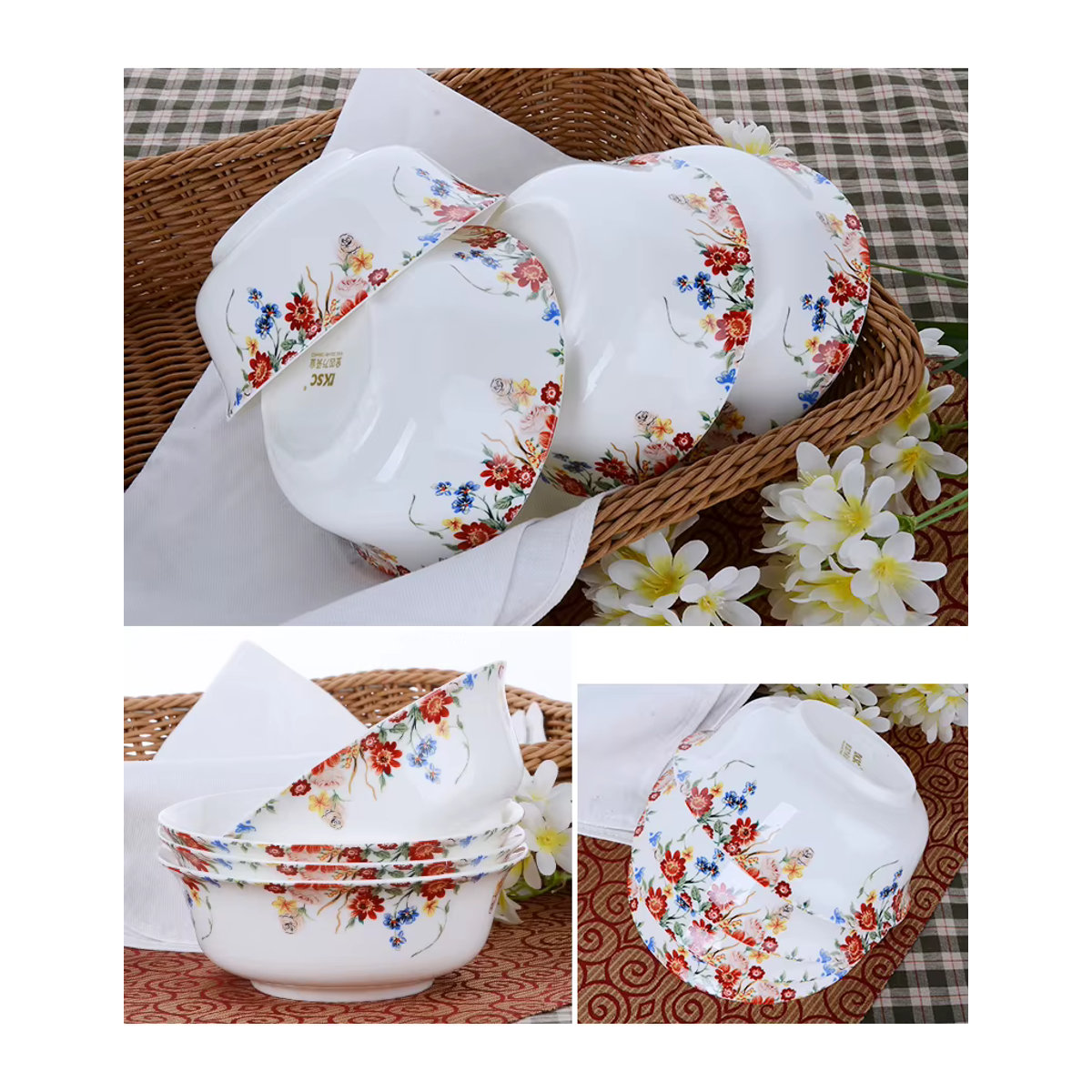 Bacugi Bone China Suppenschalen Set mit Rosenblütenmalerei und vergoldetem Rand, 4 Stück, Bunt, Durchmesser: 15,2 cm - Bild 3