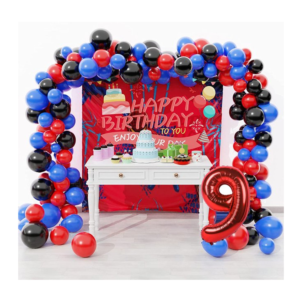 Ballon Girlande Bogen Kit für Spinne Themenparty in Rot, Schwarz und Blau zur Dekoration von Kindergeburtstagen und Feiern - Bild 1