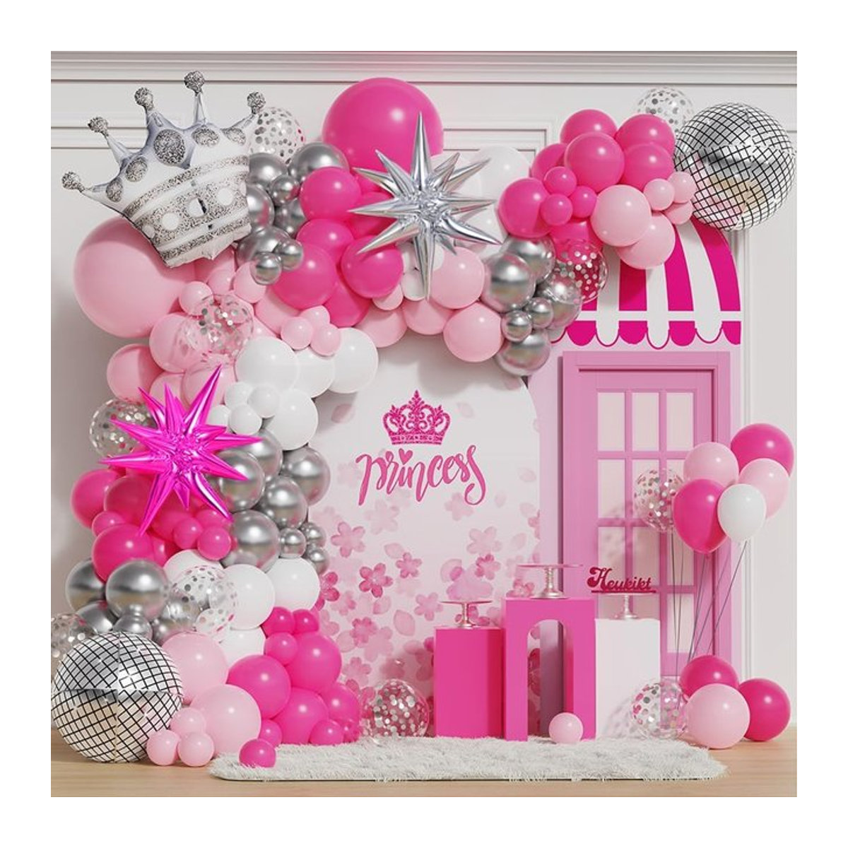 Ballon Girlande Bogen Kit mit Krone in Rosa und Silber für Geburtstagsdekorationen von Frauen - Bild 1