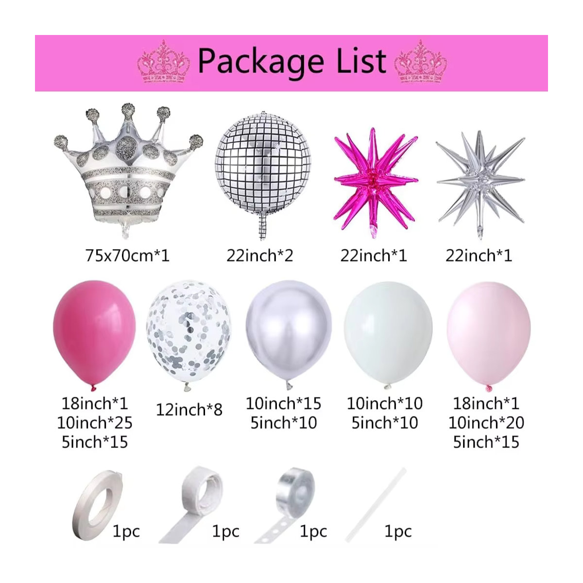Ballon Girlande Bogen Kit mit Krone in Rosa und Silber für Geburtstagsdekorationen von Frauen - Bild 2