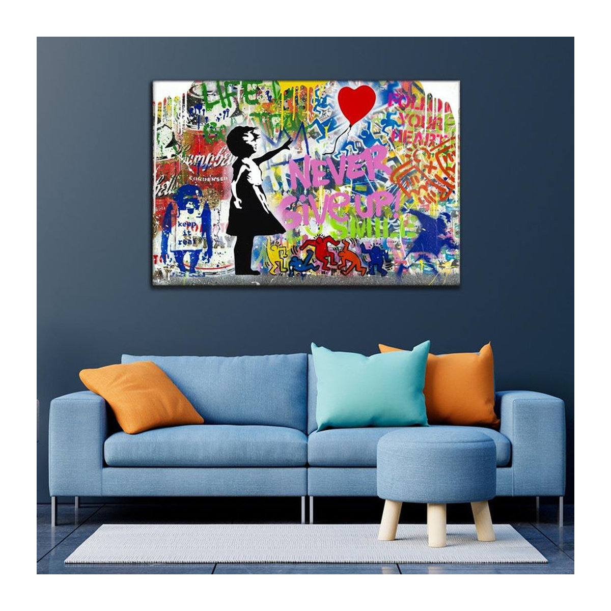 Banksy Ballon-Mädchen Leinwandgemälde Graffiti Street Pop Art Wandkunst Niemals aufgeben, mehrfarbig, B: 120 cm, H: 70 cm - Bild 3