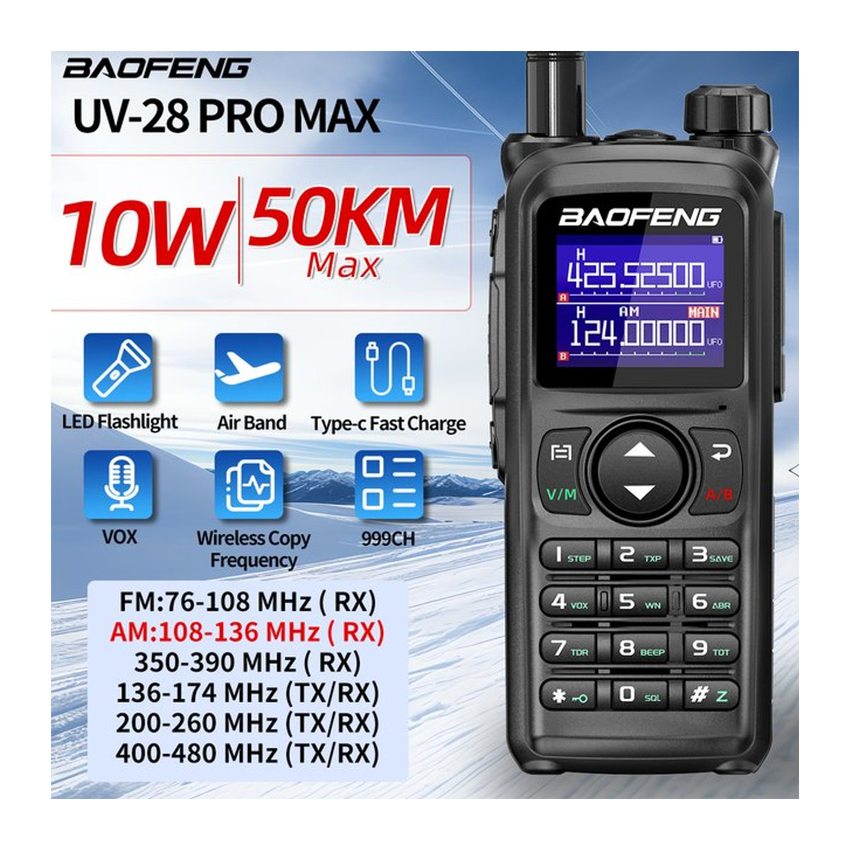 BAOFENG UV-28 PRO MAX Walkie Talkie Schwarz, 10 W Multi-Band Funkgerät mit Kopierfrequenz, 999 Kanäle, DTMF, Typ-C, AM/FM und NOAA Langstrecken-Funkgerät - Bild 1