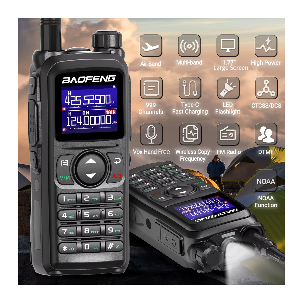 BAOFENG UV-28 PRO MAX Walkie Talkie Schwarz, 10 W Multi-Band Funkgerät mit Kopierfrequenz, 999 Kanäle, DTMF, Typ-C, AM/FM und NOAA Langstrecken-Funkgerät - Bild 2
