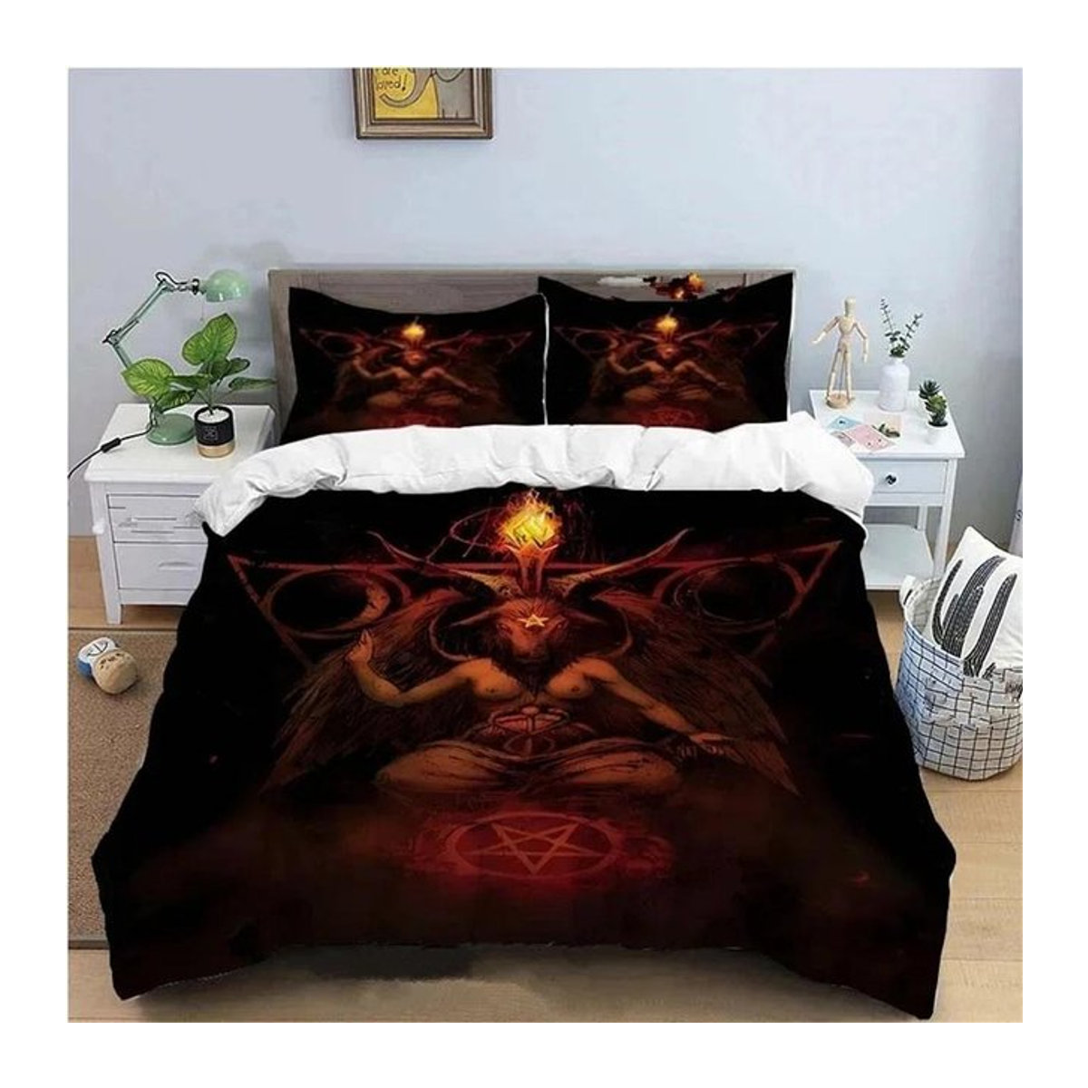 Baphomet Bettwäsche Set mit Pentagramm und Ziegenkopf Design, Horror Bettbezug für King und Queen Size, B/H: 135 x 200 cm - Bild 1