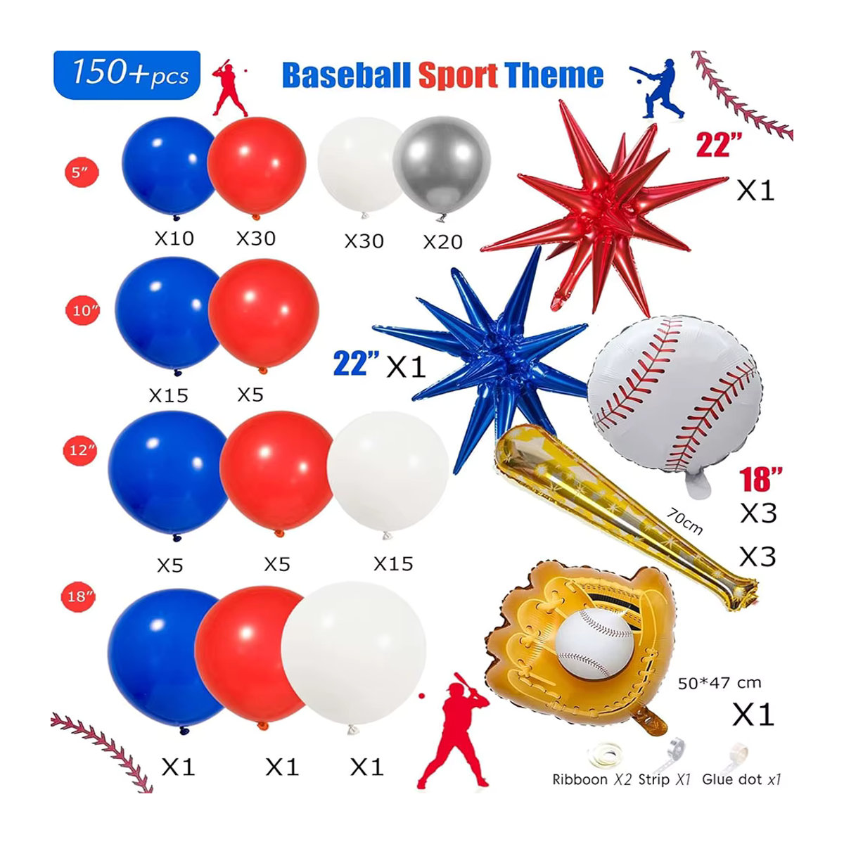 Baseball-Ballon-Girlanden-Set mit 150 Teilen in Rot, Blau und Silber für deine Sport-Party oder zum 1. Geburtstag - Bild 6