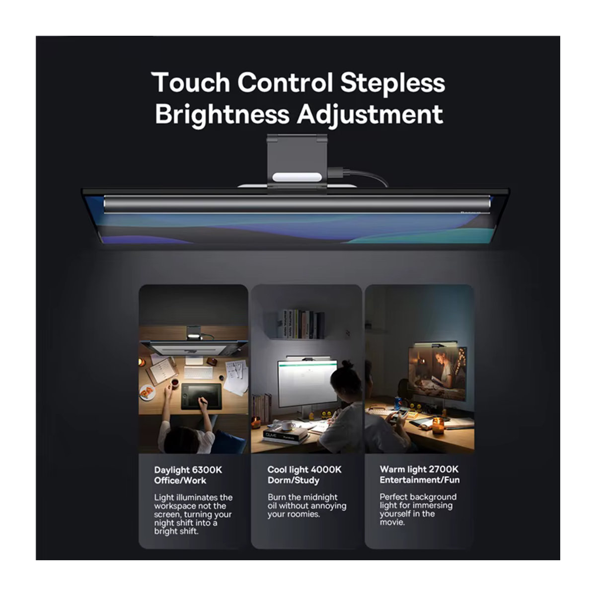 Baseus Bildschirm Licht Schreibtisch Lampe in Schwarz für Monitor und Laptop mit USB-Anschluss und minimalistischem Design - Bild 3
