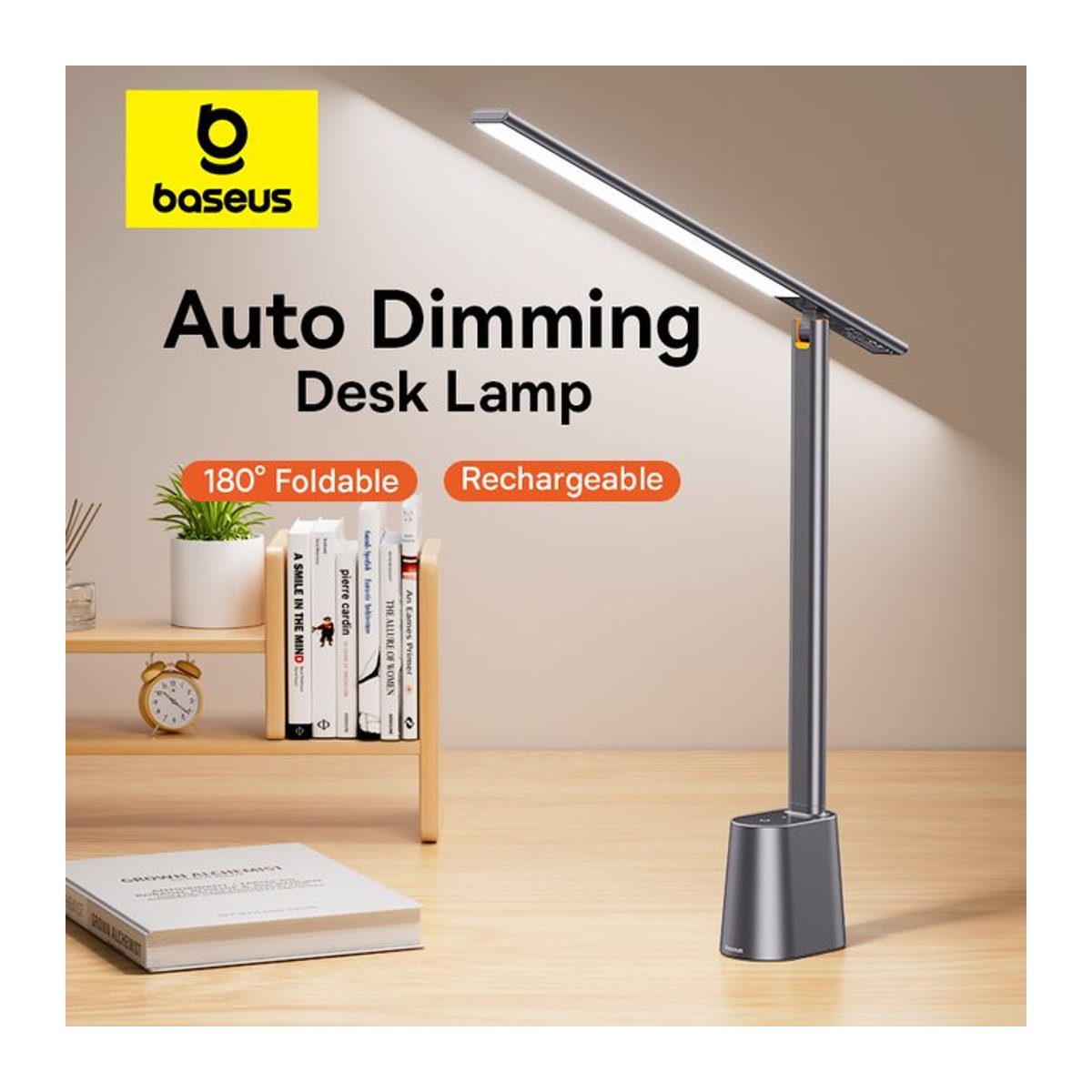 Baseus LED Tischlampe Grau mit 180 Grad Schwenkfunktion, aufladbar und mit automatischer Dimmung für smarten Augenschutz - Bild 1