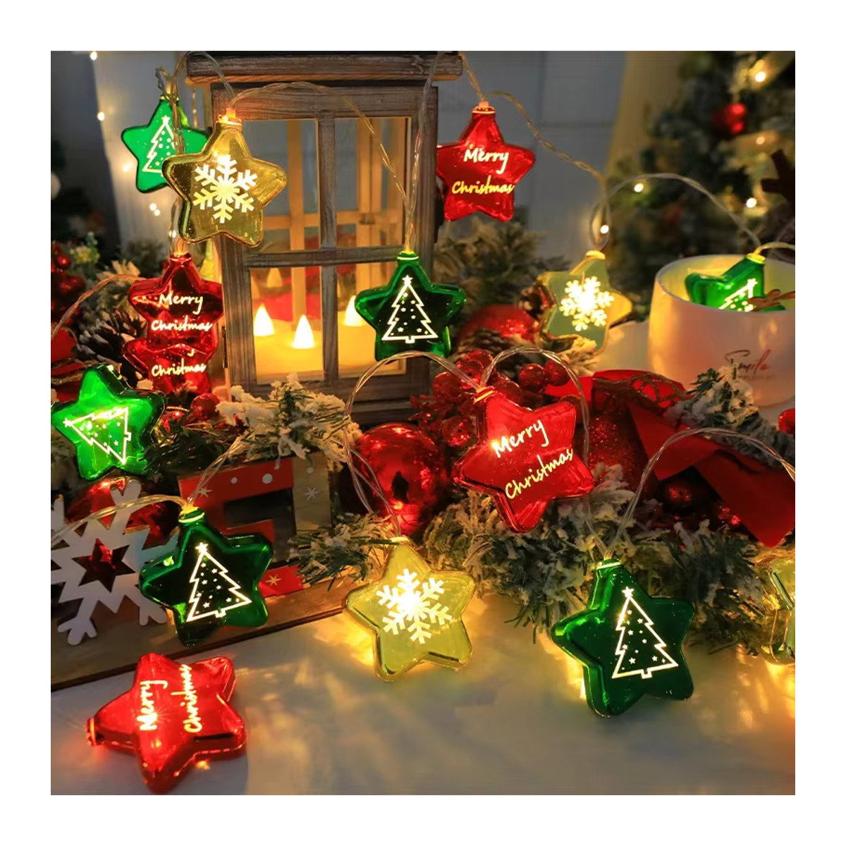 Batteriebetriebene Weihnachts-Lichterkette mit Weihnachtskugeln und Sternen als dekorative Girlande für deinen Weihnachtsbaum und dein Zuhause - Bild 4