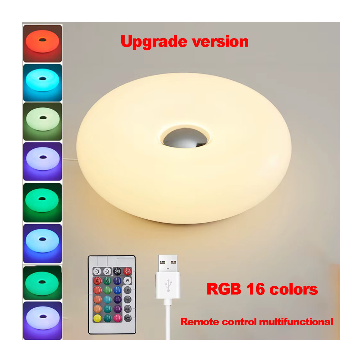 Bauhaus Nachttischlampe in Bunt mit USB-Anschluss für Schlafzimmer und Wohnzimmer, minimalistisches Donut-Design aus Kunststoff - Bild 2