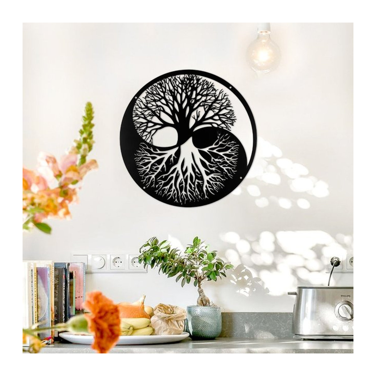 Baum des Lebens und Yin Yang Wandkunst aus Metall in Schwarz zur Innendekoration für dein Home Office oder Wohnraum - Bild 1