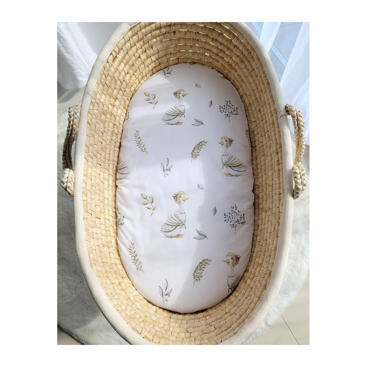 Baumwolllaken mit Gänse-Motiv im Boho-Stil für Moseskorb und Gondel Kinderwagen, B/T: 75 x 35 cm - Bild 2