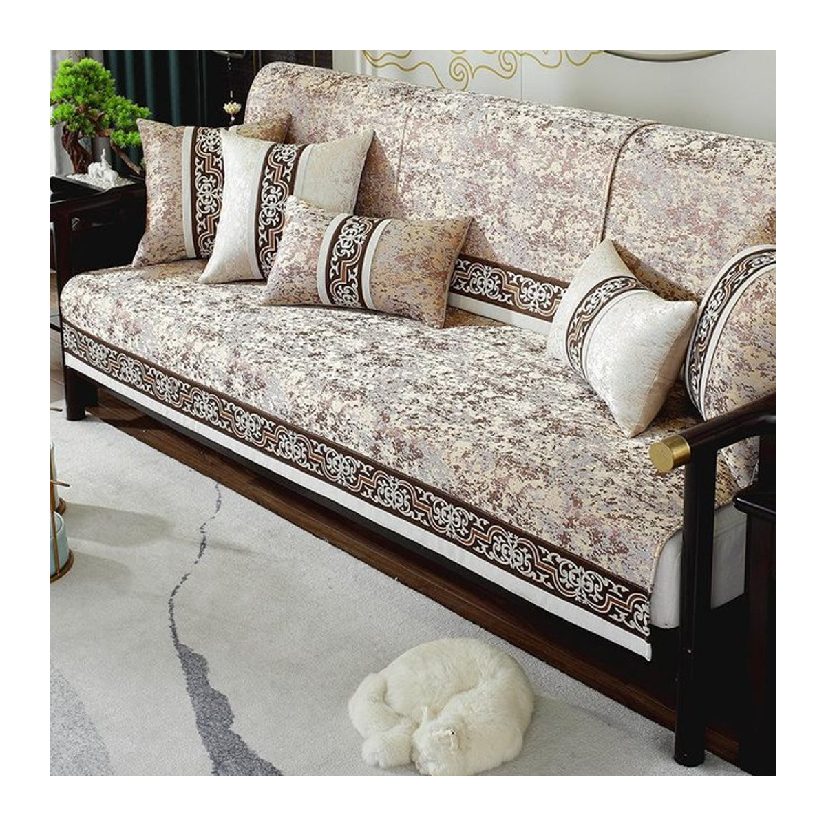 BC-Warm Home Chenille Sofabezug im chinesischen Stil, rutschfest und staubdicht, braun, B/T/H: 100 x 180 cm - Bild 1
